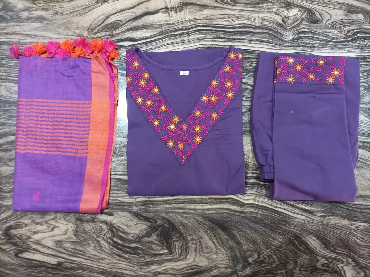 Purple Cotton Embroidered Kurta With Pant & Linen Dupatta Set