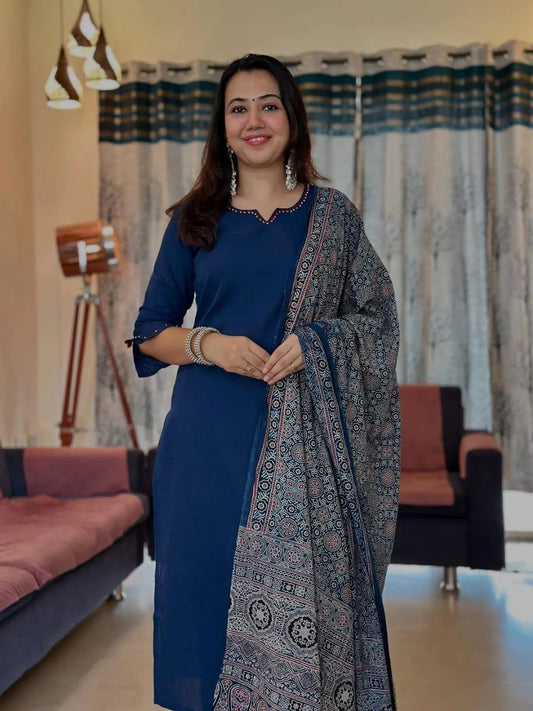 Cotton Kurta With Pant & Dupatta Set
