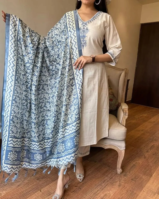 Cotton Embroidered Kurta With Pant & Dupatta Set