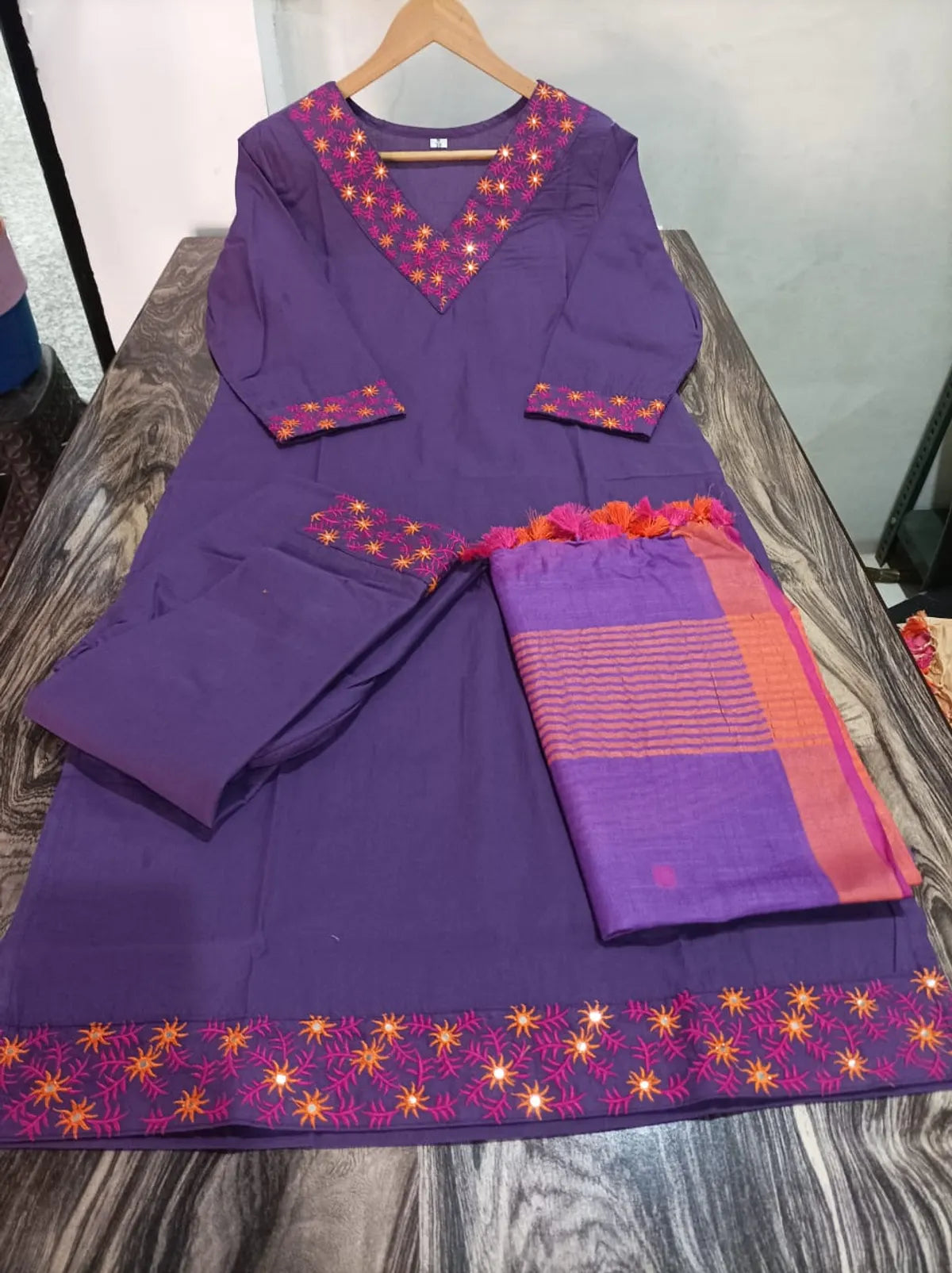 Purple Cotton Embroidered Kurta With Pant & Linen Dupatta Set