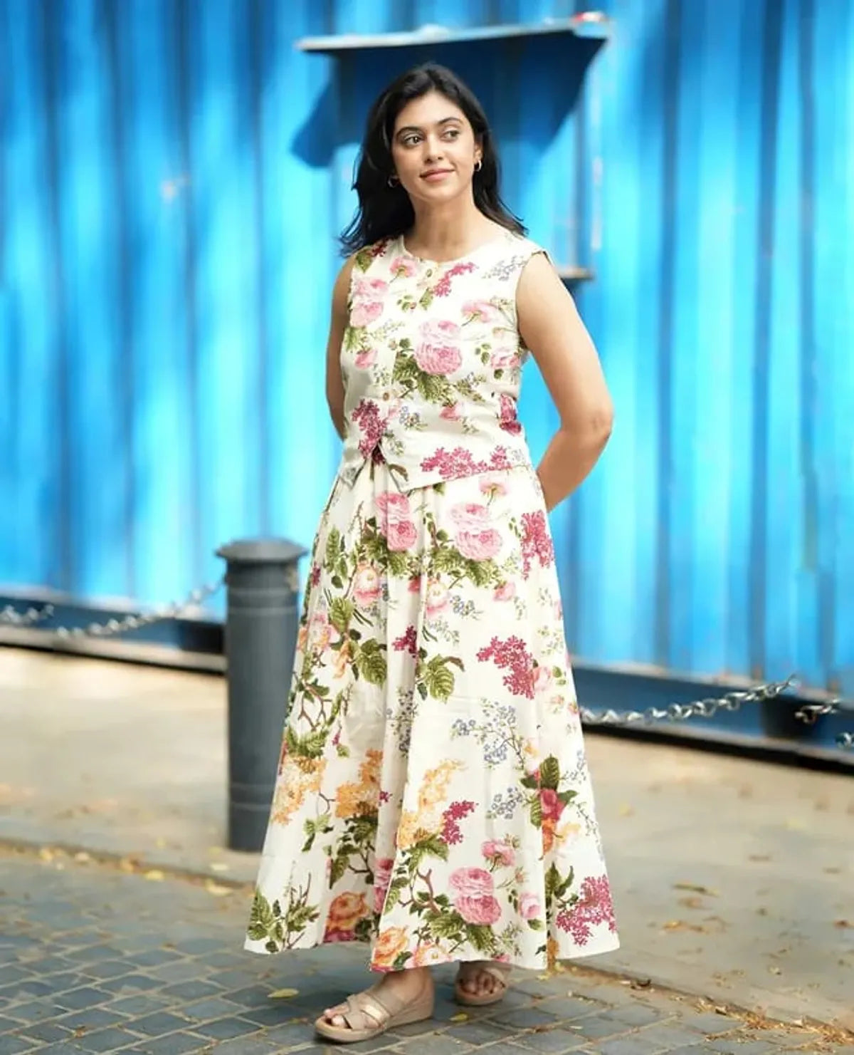 Cotton Floral Top With Inner Lining & Skirt