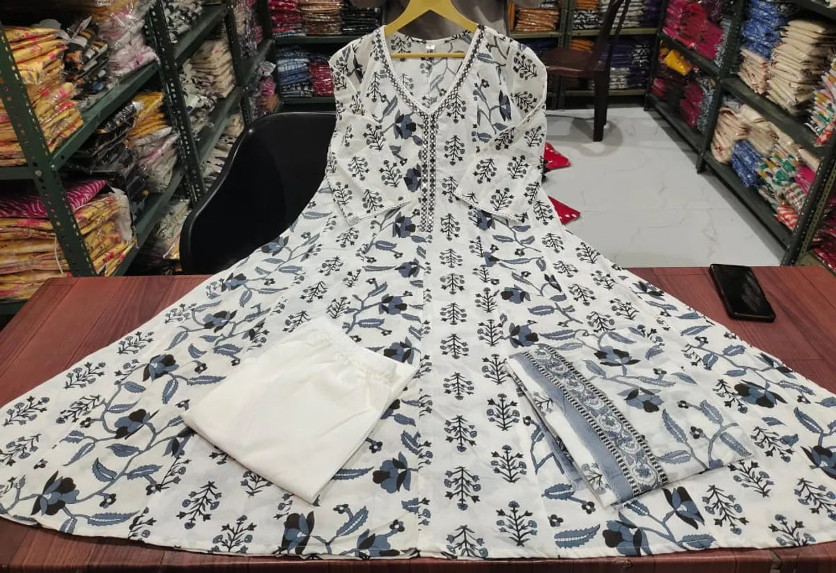 Cotton Printed Anarkali Kurta With Pant & Dupatta Set.