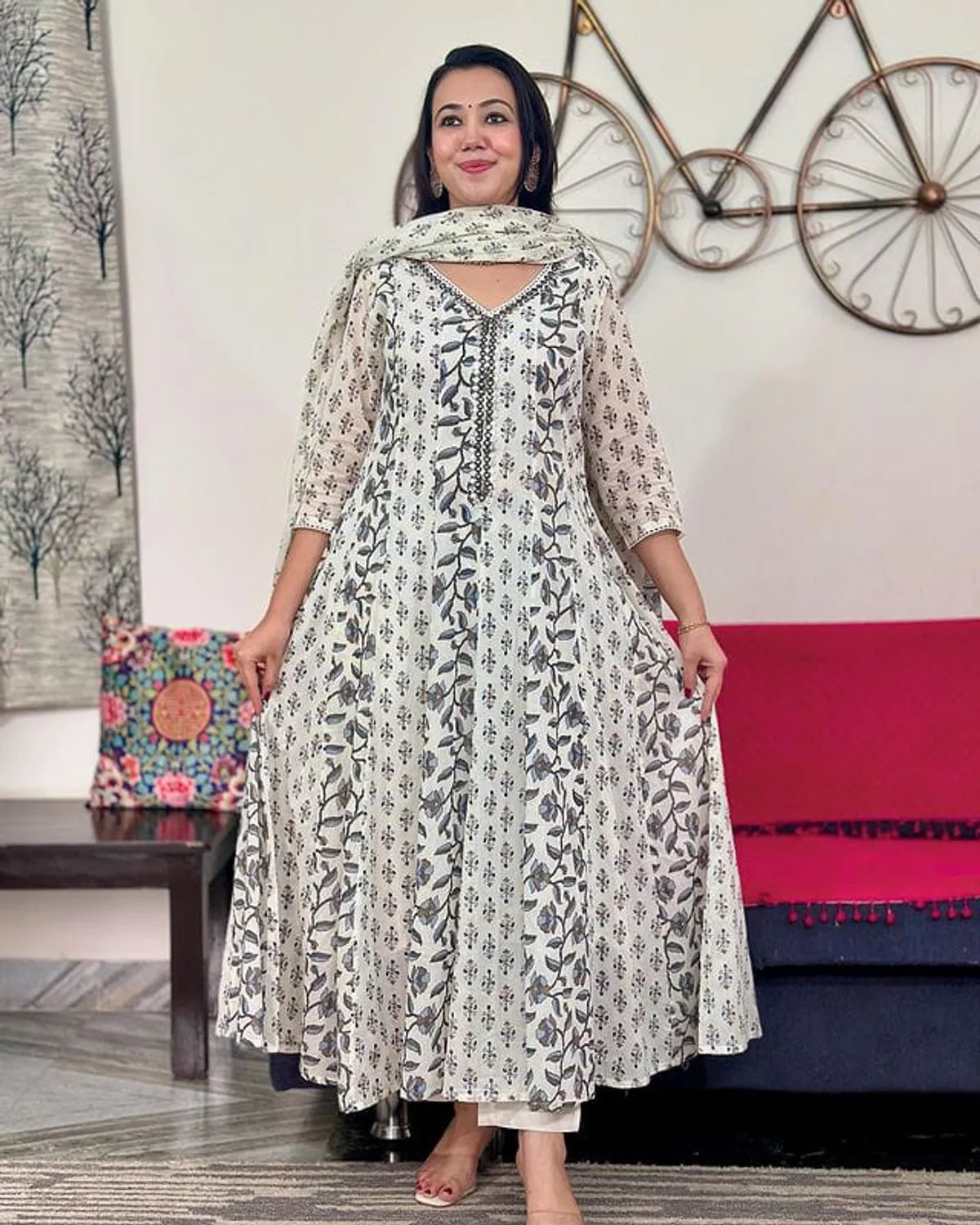 Cotton Printed Anarkali Kurta With Pant & Dupatta Set.