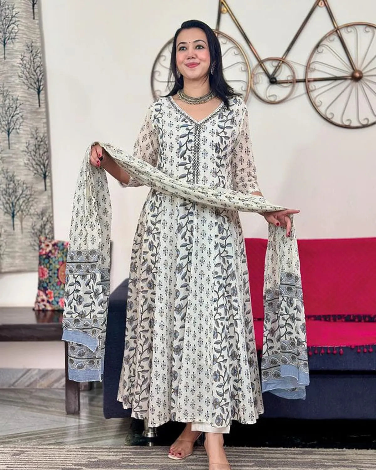Cotton Printed Anarkali Kurta With Pant & Dupatta Set.