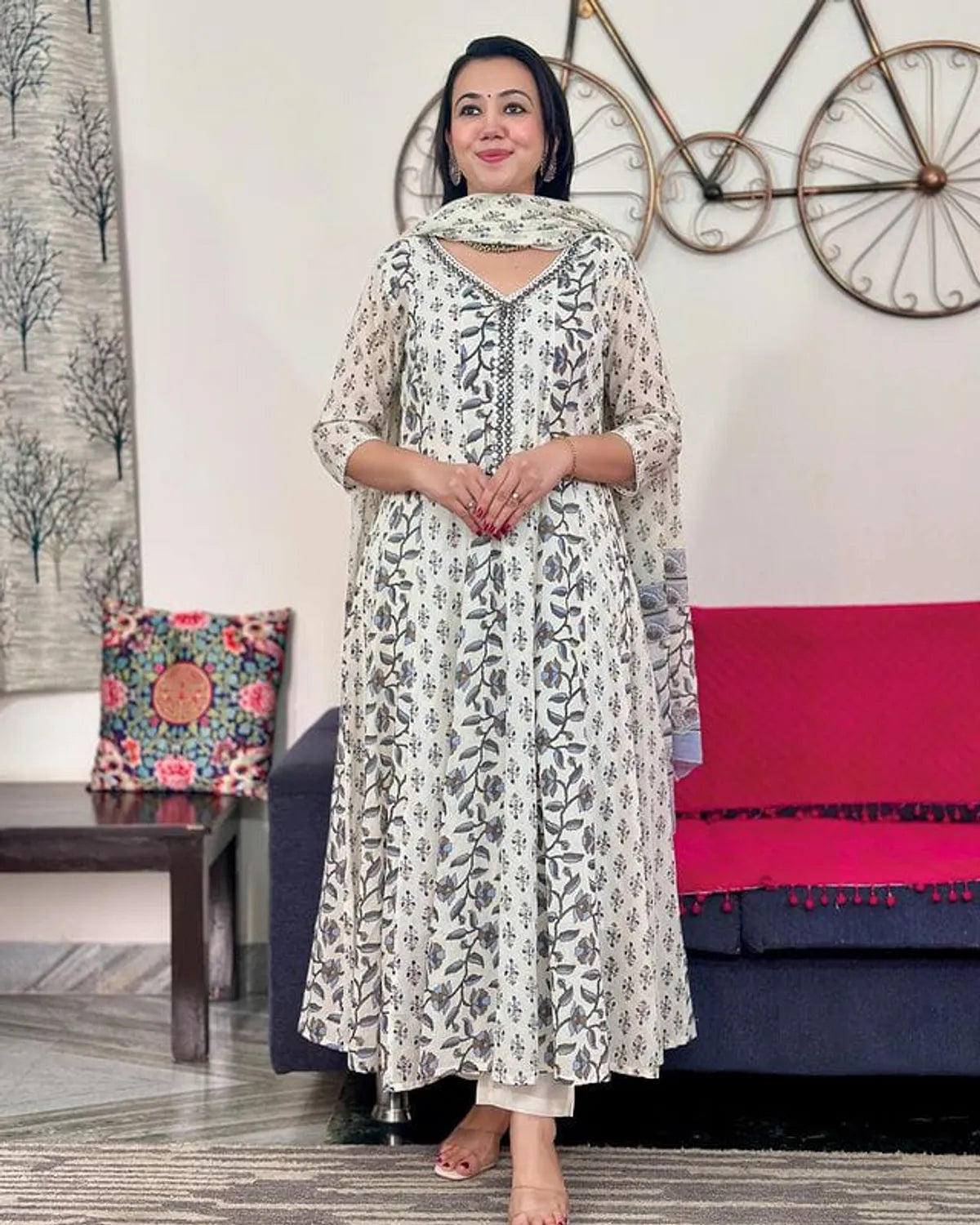 Cotton Printed Anarkali Kurta With Pant & Dupatta Set.