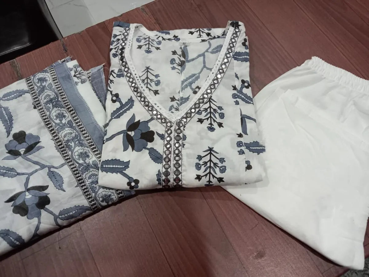 Cotton Printed Anarkali Kurta With Pant & Dupatta Set.