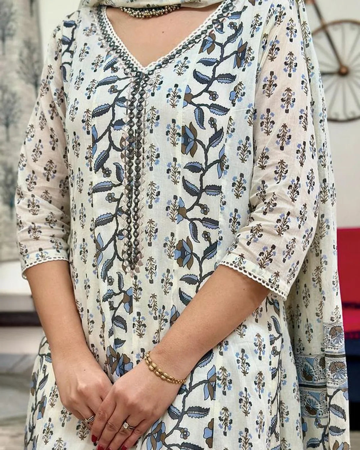 Cotton Printed Anarkali Kurta With Pant & Dupatta Set.