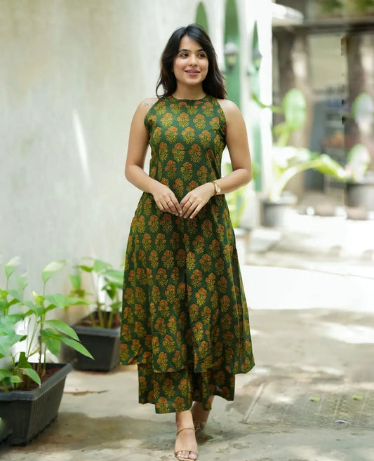 Cotton Printed Cut Sleeve Kurta & Pant Set.