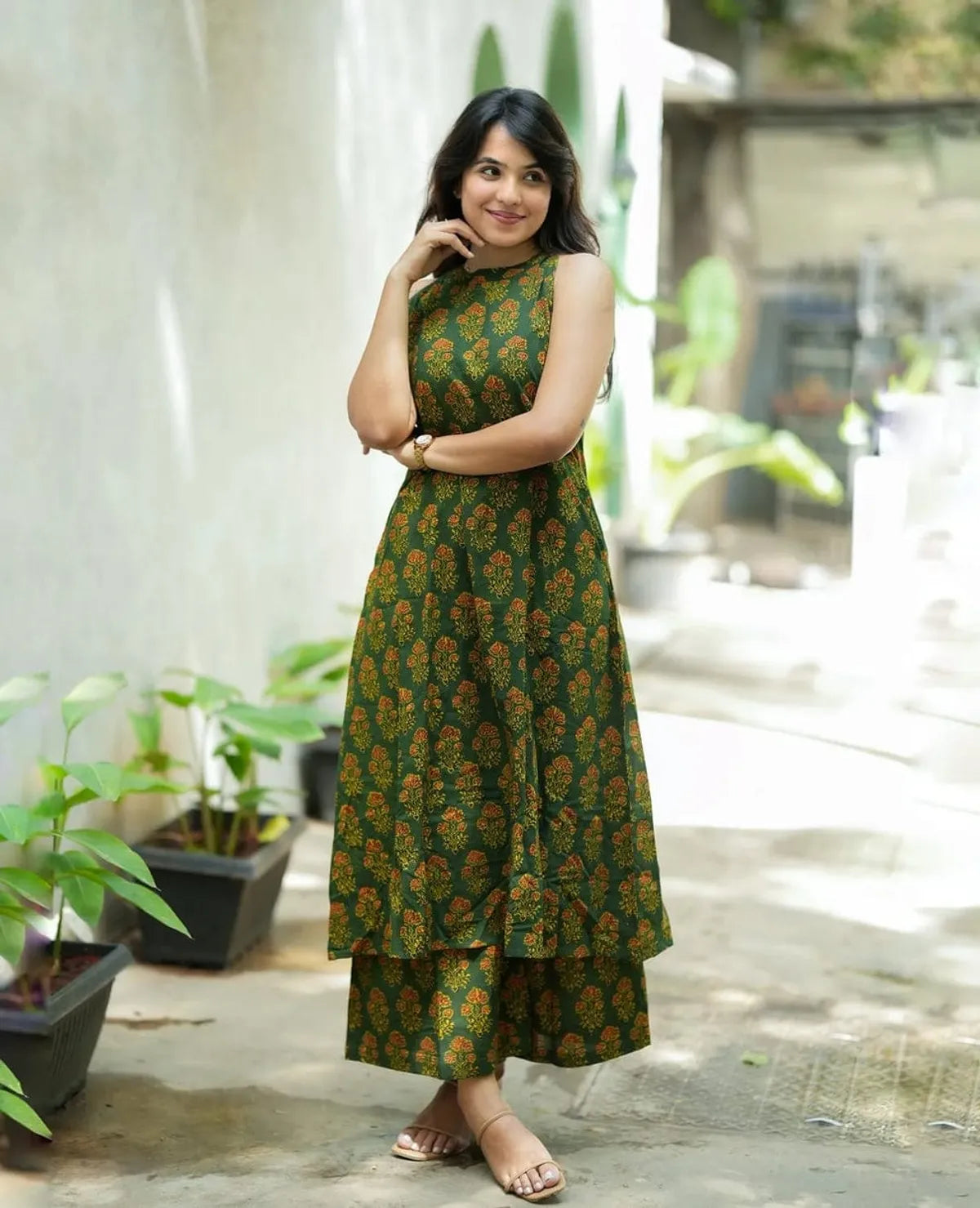 Cotton Printed Cut Sleeve Kurta & Pant Set.