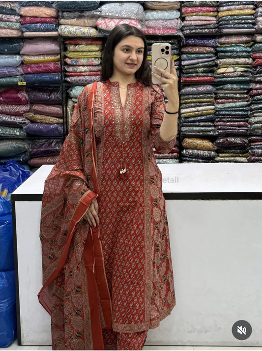 Cotton Printed Kurta With Pant & Dupatta Set