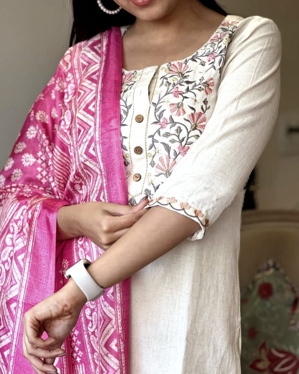 Cotton Embroidered Kurta with Pant & Khadi Silk Dupatta