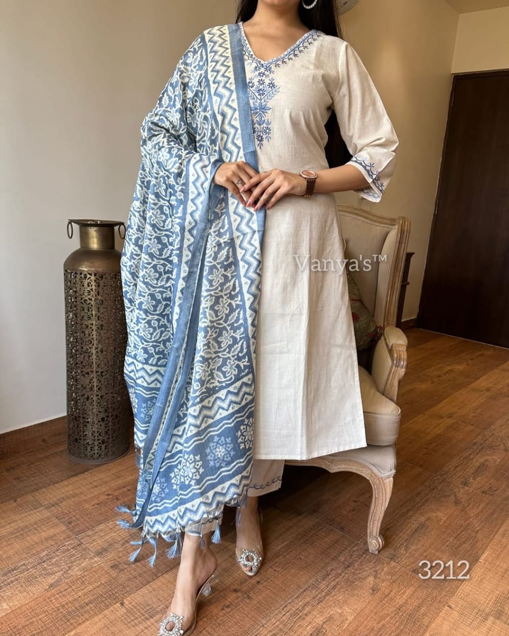 Blue Cotton Embroidered Kurta with Pant & Khadi Silk Dupatta