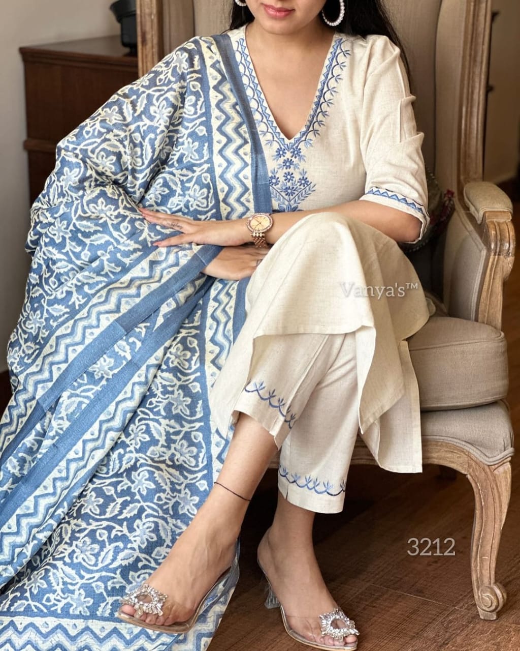 Blue Cotton Embroidered Kurta with Pant & Khadi Silk Dupatta
