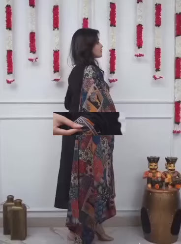 Black Patchwork Printed Cotton Kurta Pant Set with Dupatta
